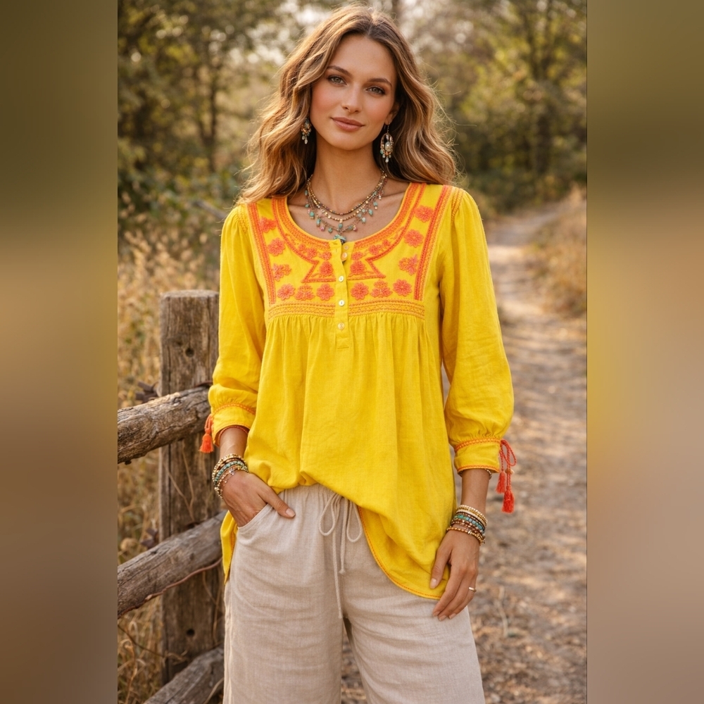John Mark Embroidered‎ 100% Cotton Boho Peasant Tunic, Medium